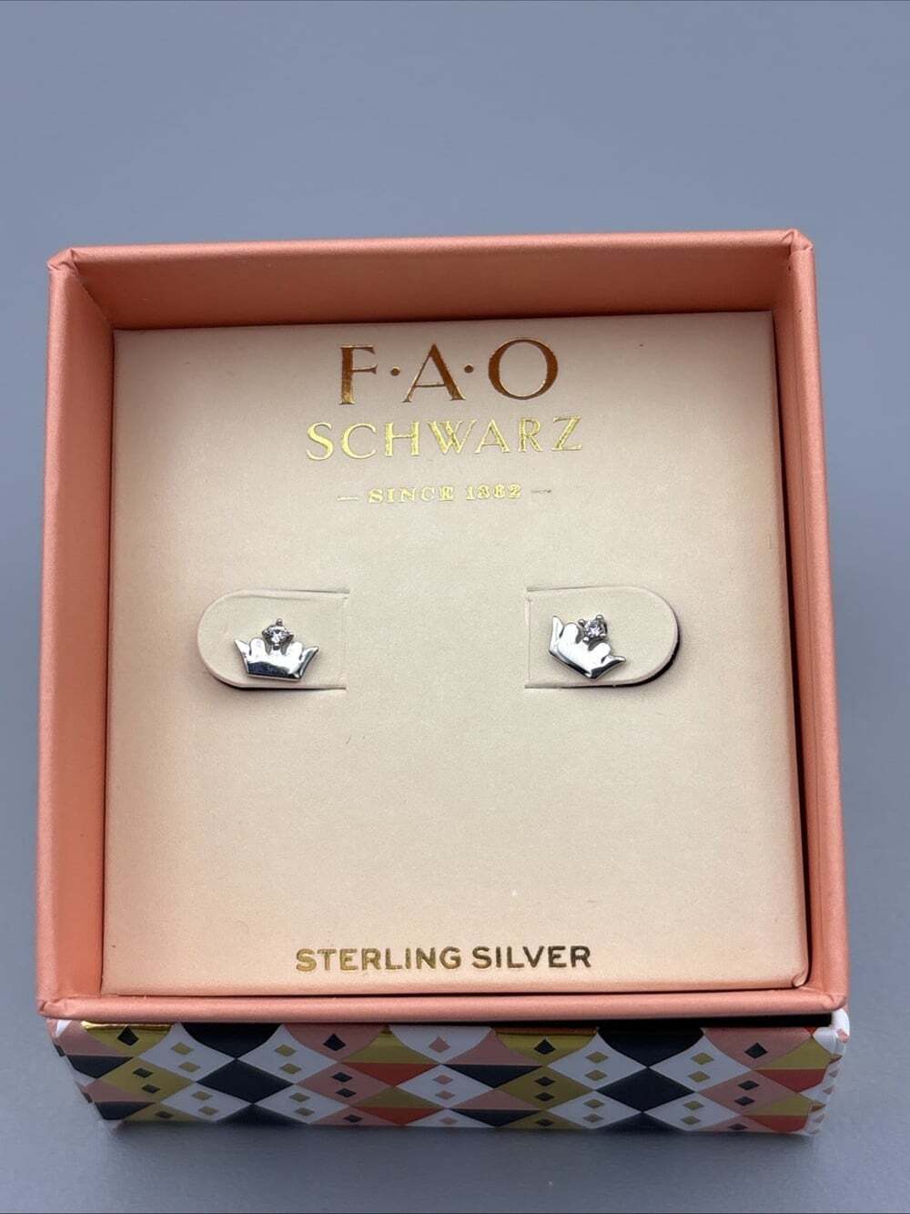 FAO Schwarz 925 Sterling Silver Crown Stud Earrings Butterfly Back Lobe